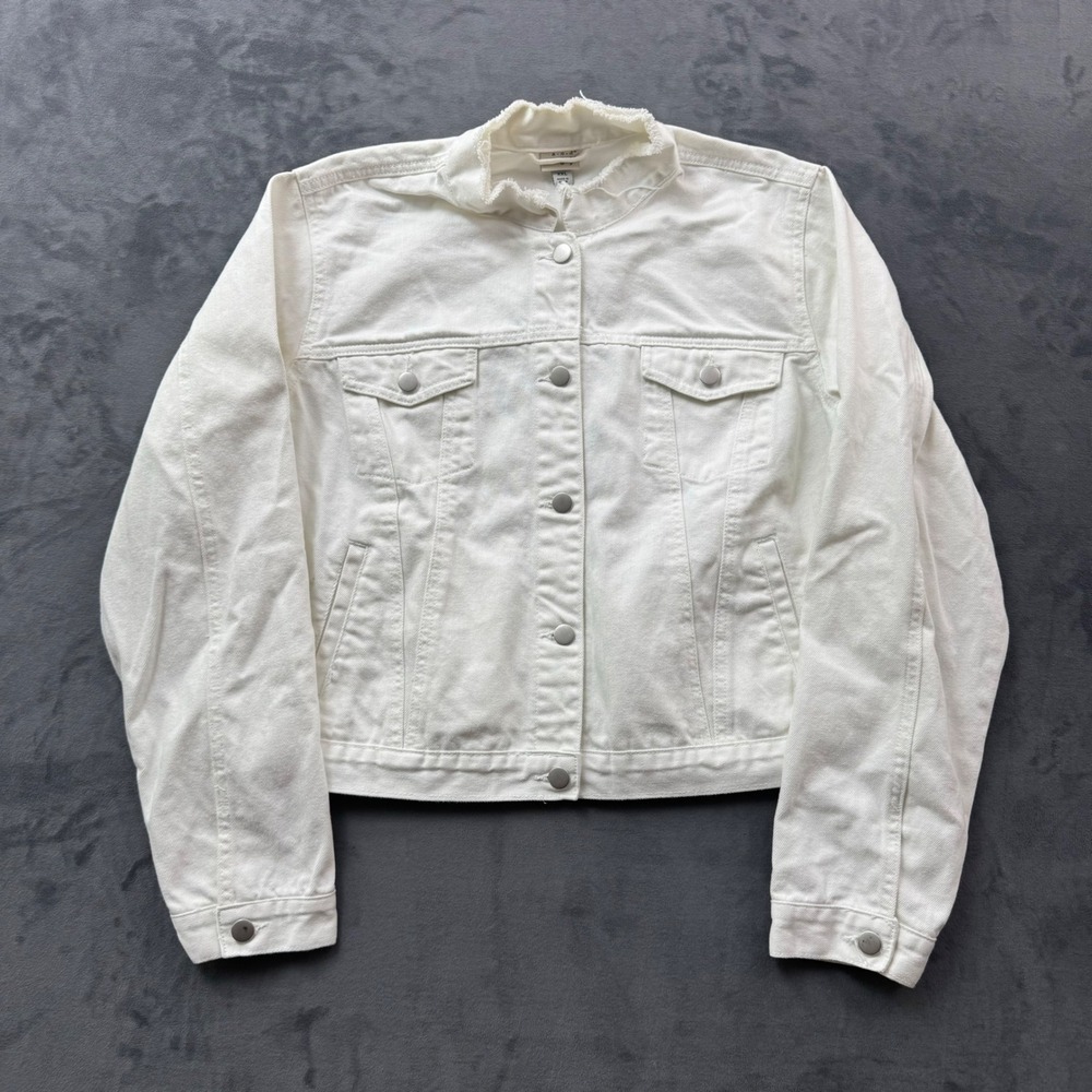A New Day White Denim Jacket XXL Frayed Raw Edge Collar Trucker Stretch Cotton